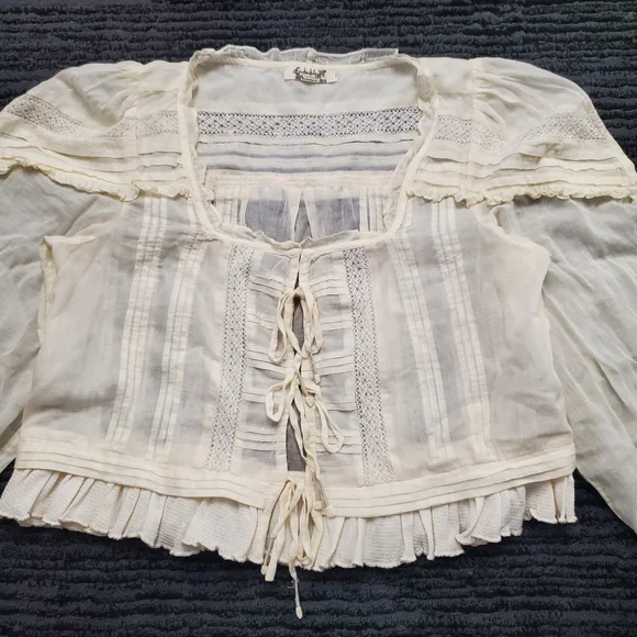 Free People Size S Cream Florence Bed Jacket Sheer Tie Front Ruffle Lace Top - Picture 3 of 7
